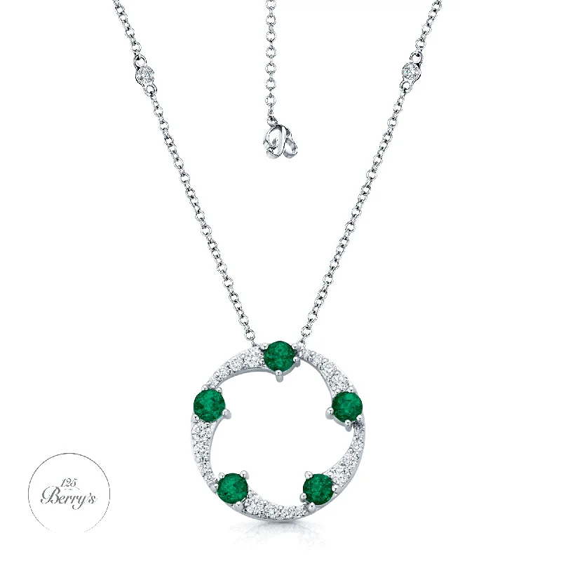 friendship necklaces for women-OPEIA Collection 18ct White Gold Emerald And Diamond Fancy Large Circle Pendant With Chain