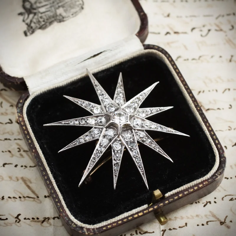 crystal brooches for women-A Shimmering Splendour! Antique Victorian Diamond Starburst Brooch