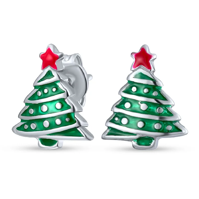 leaf-shaped earrings for women-Red Star Enamel & Green Christmas Tree Stud Earrings in Sterling Silver