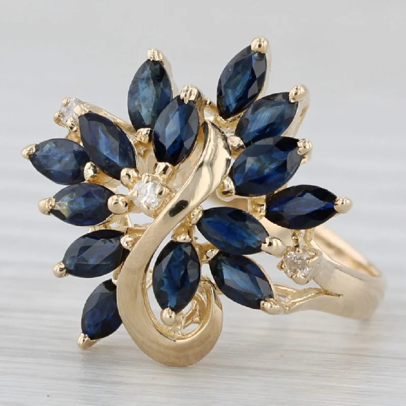 engagement rings with sapphires and diamonds for women-1.40ctw Blue Sapphire Diamond Cluster Flower Ring 14k Yellow Gold Sz 7 Cocktail