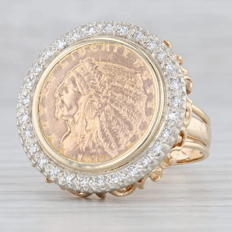 simple engagement rings for women-0.26ctw Diamond Halo Indian Head Coin Ring 14k 900 Gold 1910 2.5 Dollars Sz 9.5