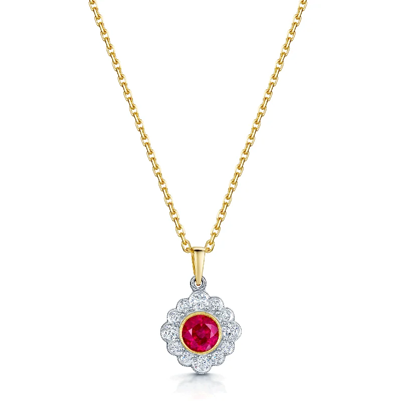 layered silver necklaces for women-18ct Yellow And White Gold Ruby And Diamond Cluster Pendant