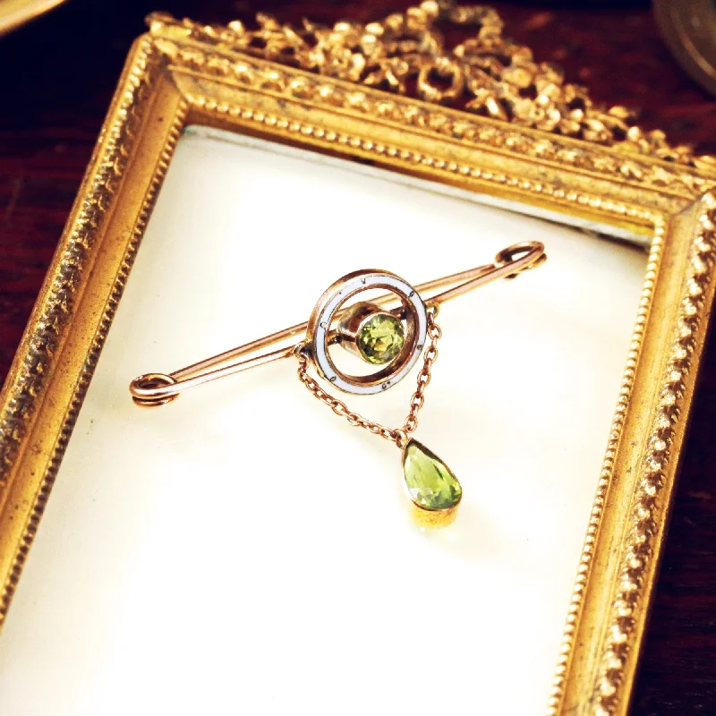 silver-tone brooches for women-Edwardian Peridot & Enamel Safety Pin Collar Brooch