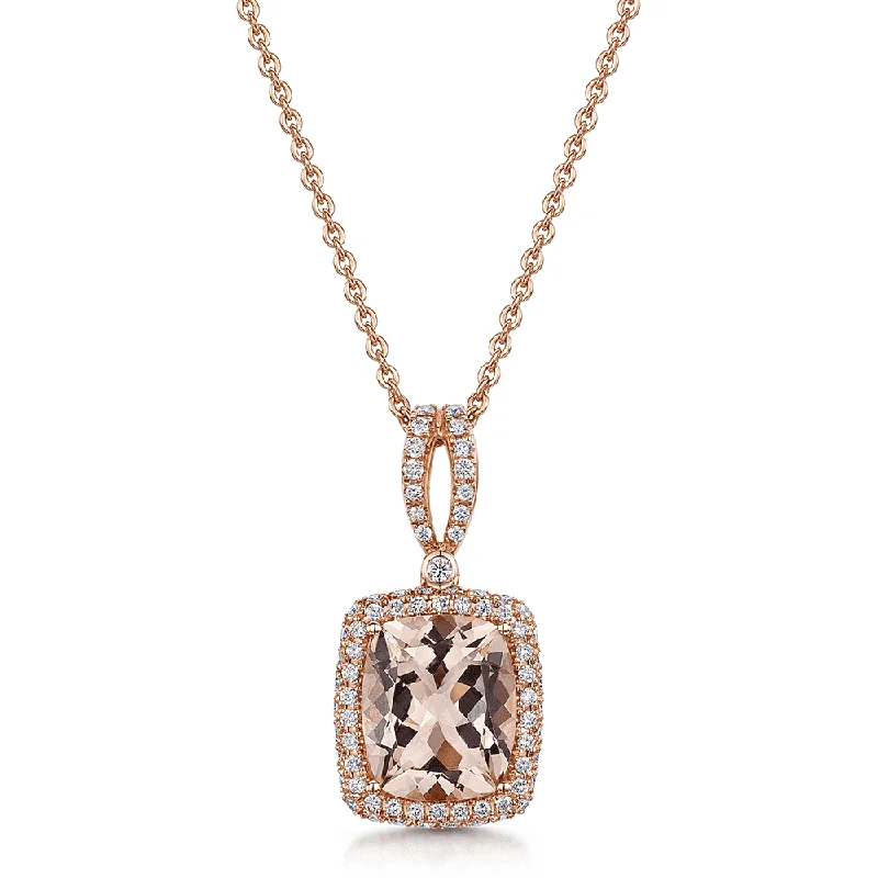 boho necklaces for women-18ct Rose Gold Morganite & Diamond Halo Pendant