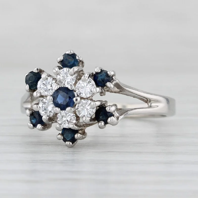 engagement rings with aquamarine for women-0.72ctw Blue Sapphire Diamond Flower Cluster Ring 14k White Gold Size 7