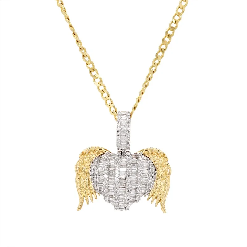 chunky gold necklaces for women-YELLOW GOLD WINGED HEART CHARM PENDANT WITH DIAMONDS, 2.00 CT TW