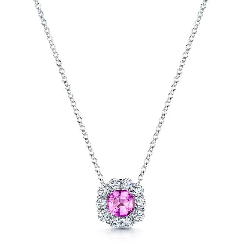 sterling silver necklaces for women-18ct White Gold Pink Sapphire and Diamond Cluster Pendant