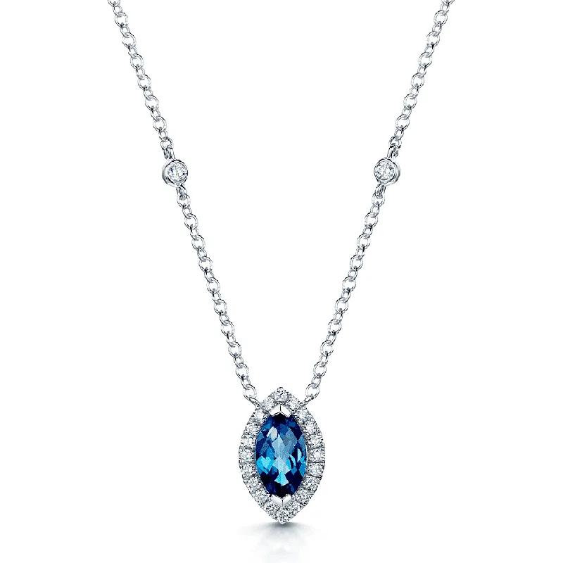 art deco necklaces for women-18ct White Gold Marquise London Blue Topaz And Diamond Halo Pendant With Diamonds On The Chain