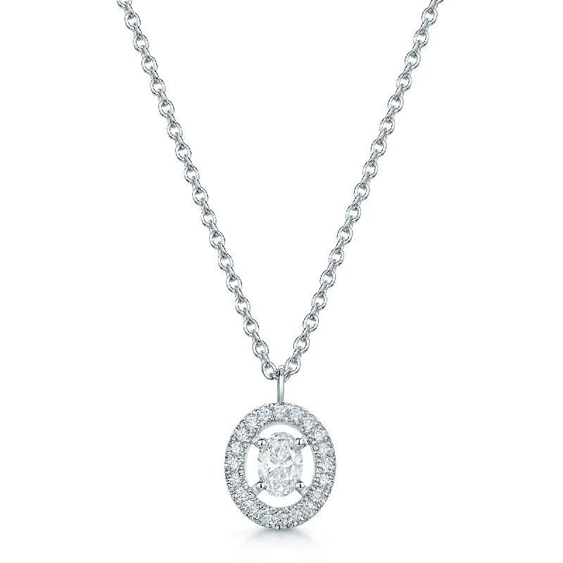 adjustable gold necklaces for women-18ct White Gold Oval Diamond Halo Pendant