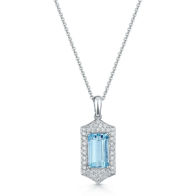 minimalist necklaces for women-18ct White Gold Aquamarine & Diamond Vintage Style Pendant