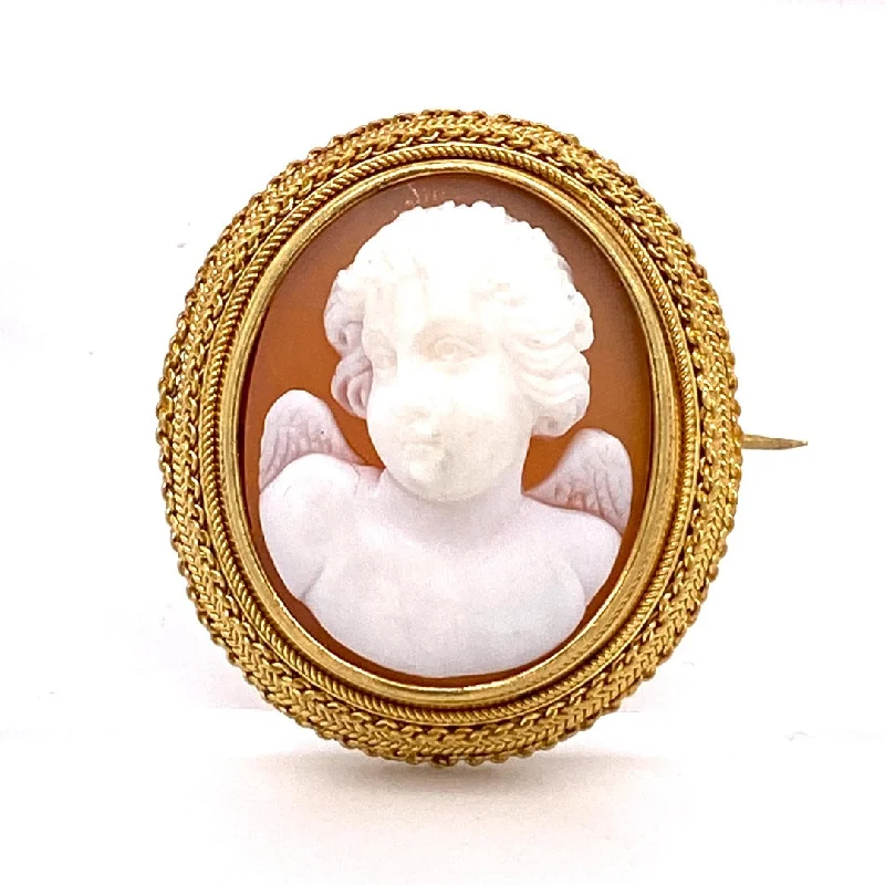 heart-shaped brooches for women-Victorian Cherub Cameo 15K Yellow Gold Brooch