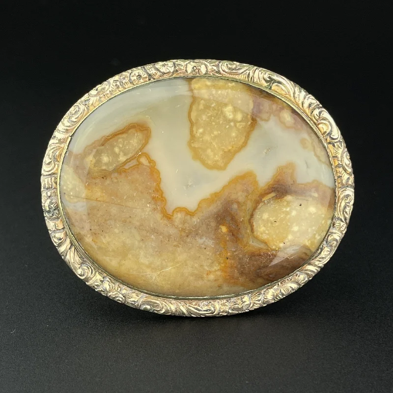 luxury brooch sets for women-Antique Victorian Gold Engraved Lace Picture Agate Brooch