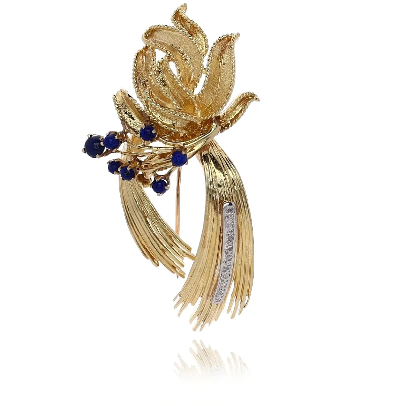 crystal-studded brooches for women-Estate 18 Karat Two-Tone and 14 Karat Rose Gold Lapis and Diamond Spray Design Brooch