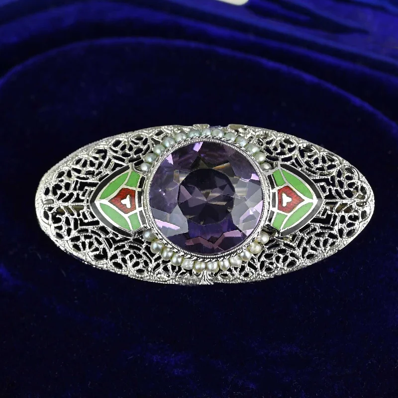 geometric brooches for women-Art Deco Platinum 14K White Gold Enamel Amethyst Brooch