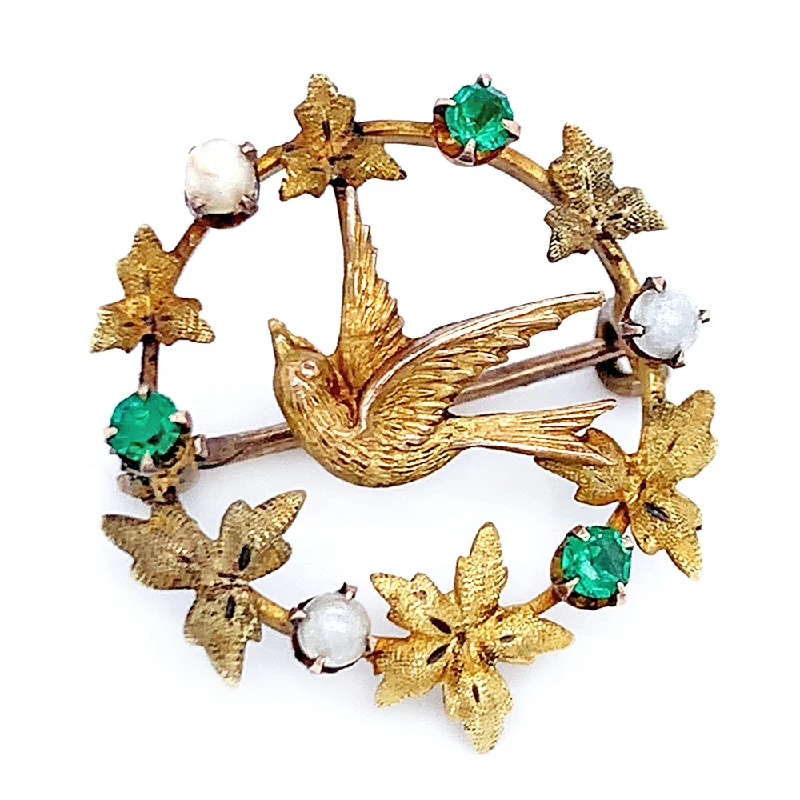 black brooches for women-Yellow Gold & Pearl Wreath Brooch - "Sparrow"