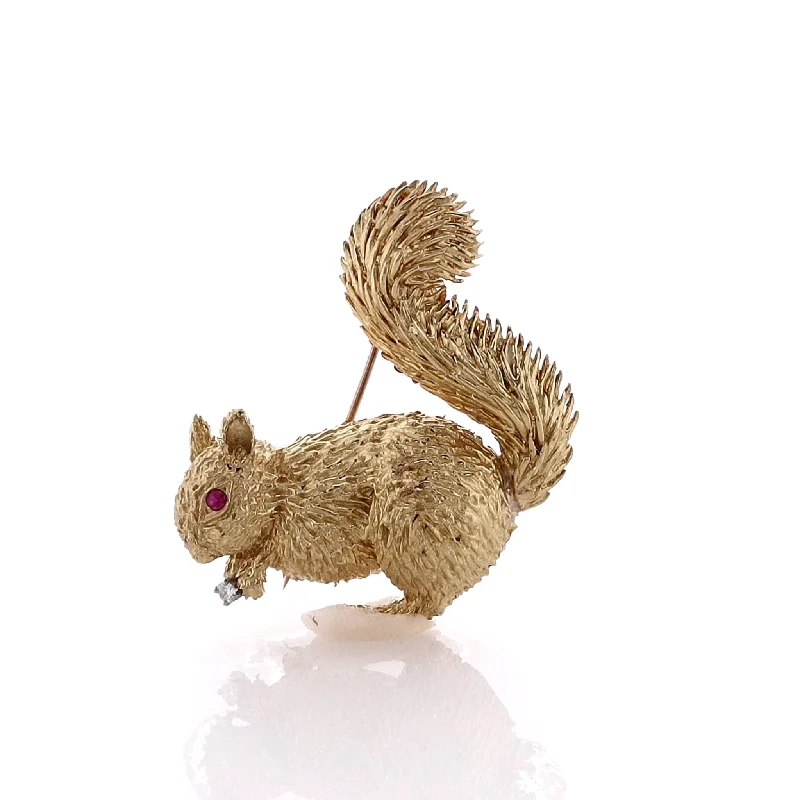 black brooches for women-Estate 18 Karat Yellow Gold Squirrel Brooch with Round Ruby Eyes and Diamond Nut