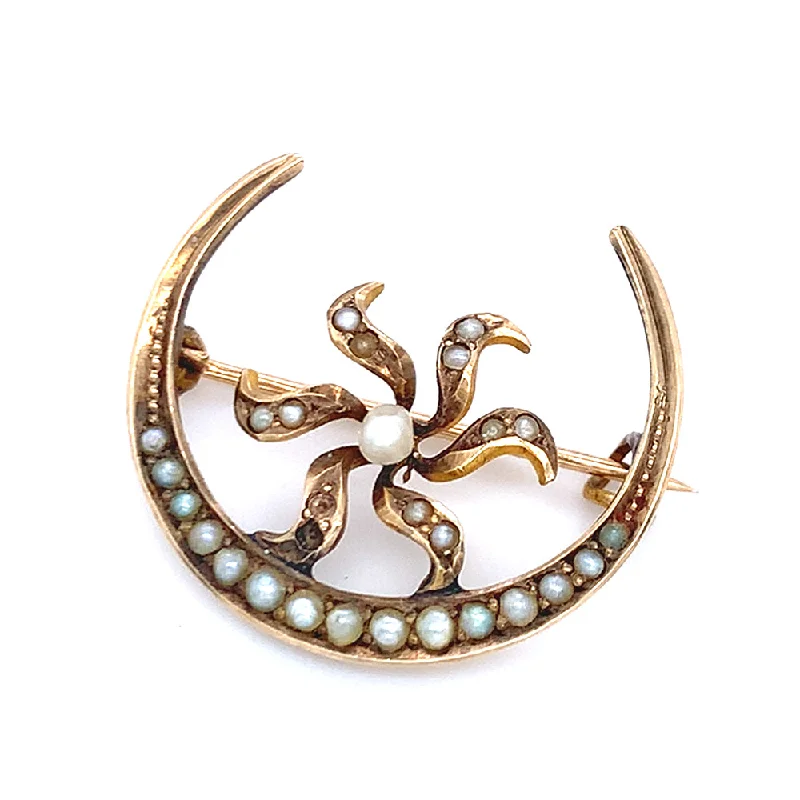 unique brooches for women-Yellow Gold & Pearl Brooch - "Celestial Bloom"