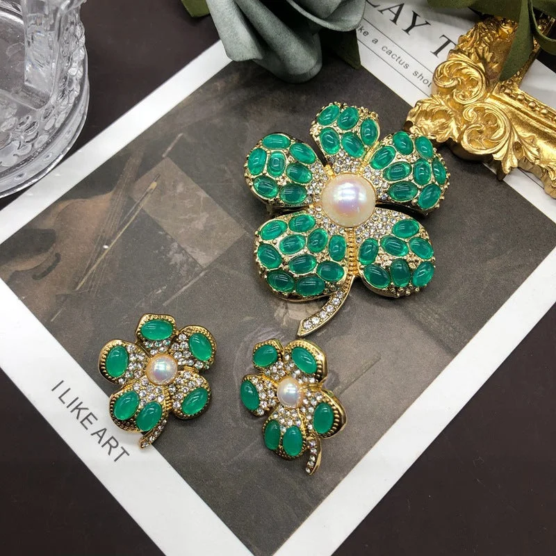 luxury brooch sets for women-Retro Classic Style Flower Alloy Plating Inlay Artificial Gemstones Women's Earrings Brooches