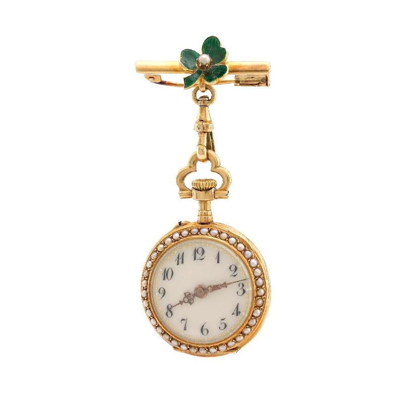 luxury brooches for women-Antique diamond pearl 18k yellow gold enamel pendant brooch watch