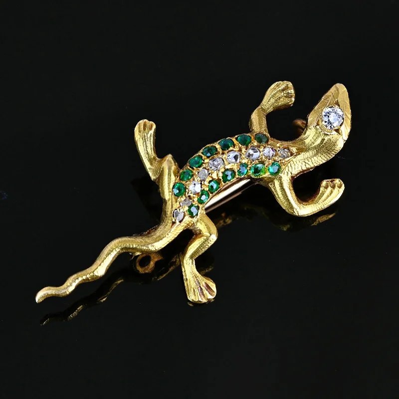 holiday brooches for women-Antique Emerald & Rose Cut Diamond Salamander Brooch in 14K Gold