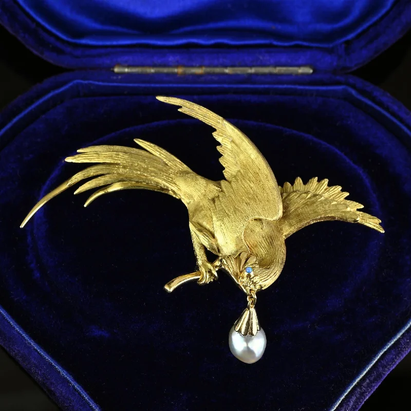 intricate brooches for women-Exquisite French 18K Gold Bird of Paradise Brooch, Opal & Pearl