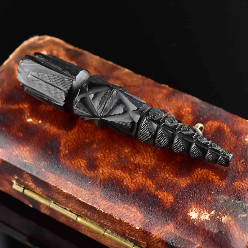 modern gemstone brooches for women-Antique Victorian Carved Long Whitby Jet Brooch