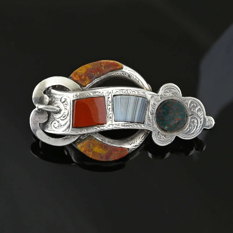 seasonal brooches for women-Antique Scottish Agate Silver Buckle Crescent Moon Brooch