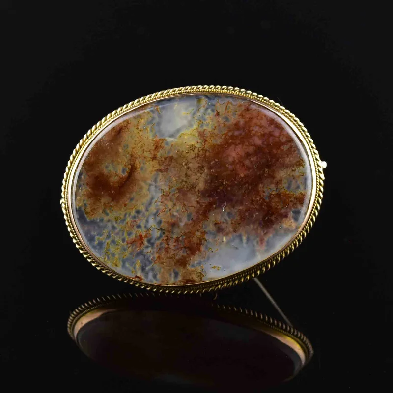 glamorous brooches for women-Antique 9K Rose Large Gold Moss Agate Brooch