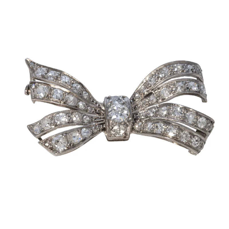 luxury gemstone brooches for women-Art Deco Old Mine Diamond 14K Gold Bow Brooch