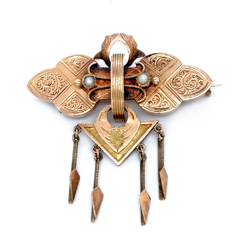 red brooches for women-Yellow Gold & Seed Pearl Dangling Brooch - "Golden Moth"