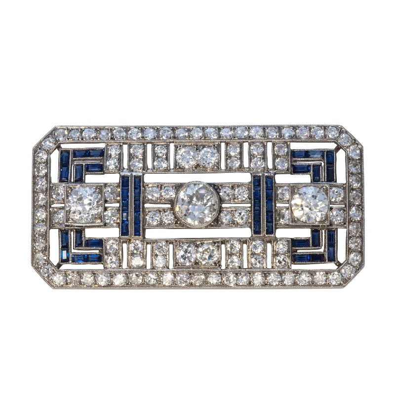 colorful brooches for women-Art Deco 5ctw Diamond & Sapphire Platinum French Brooch