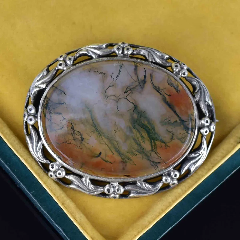 silver-tone brooches for women-Silver Arts and Crafts Grape Leaf Scottish Moss Agate Brooch