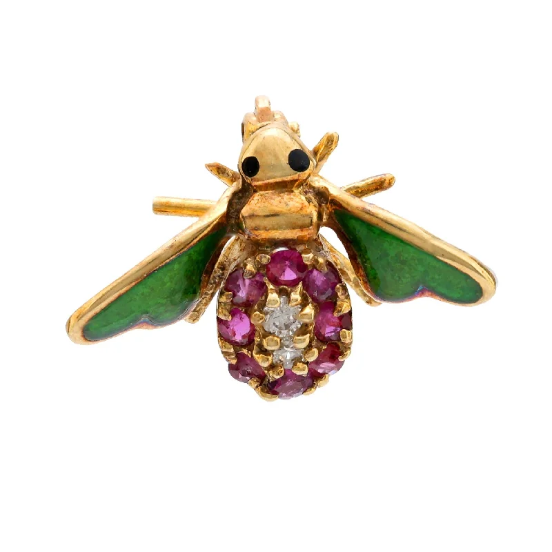 crystal brooches for women-Mid Century ruby diamond 14 yellow gold enamel bee brooch