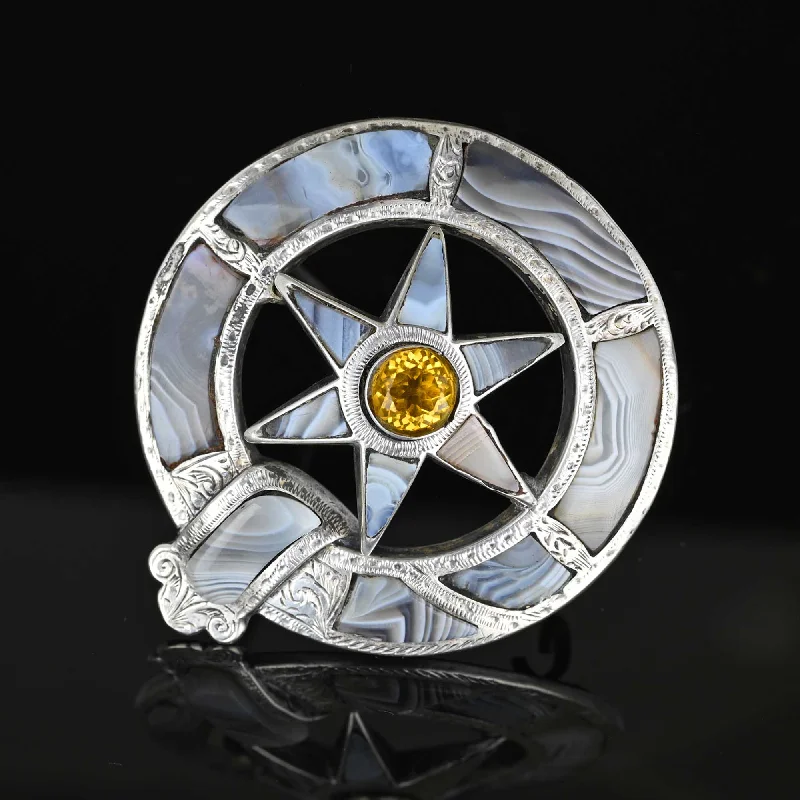 romantic brooches for women-Antique Scottish Agate Buckle Garter Citrine Star Brooch