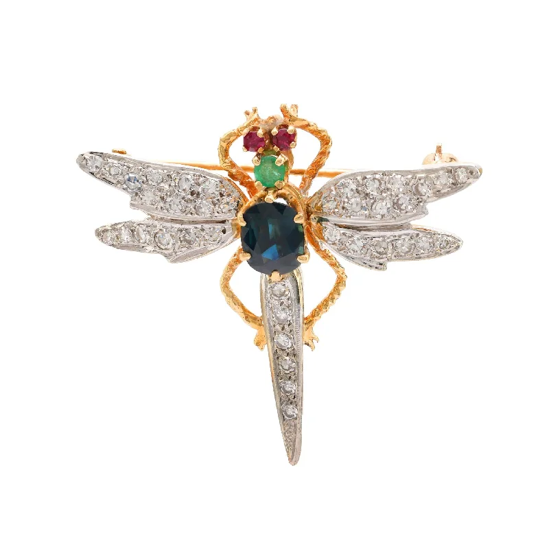 gemstone brooches for women-Mid Century sapphire diamond emerald ruby 18k gold dragonfly brooch