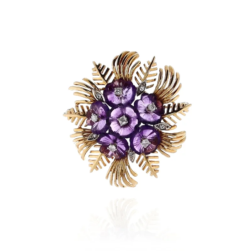 square brooches for women-Estate 18 Karat Yellow Gold Flower Design Amethyst and Diamond Brooch