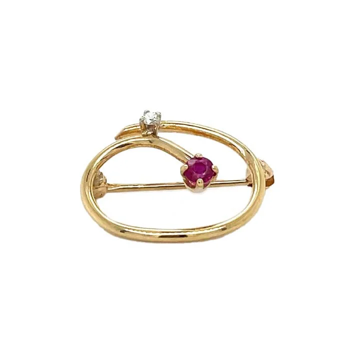 fashion brooches for women-Estate Ruby and Diamond Curved Brooch in 14K Yellow Gold