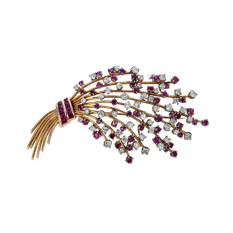 brooches with diamonds for women-Estate Diamond & Ruby 14K Gold Spray Brooch