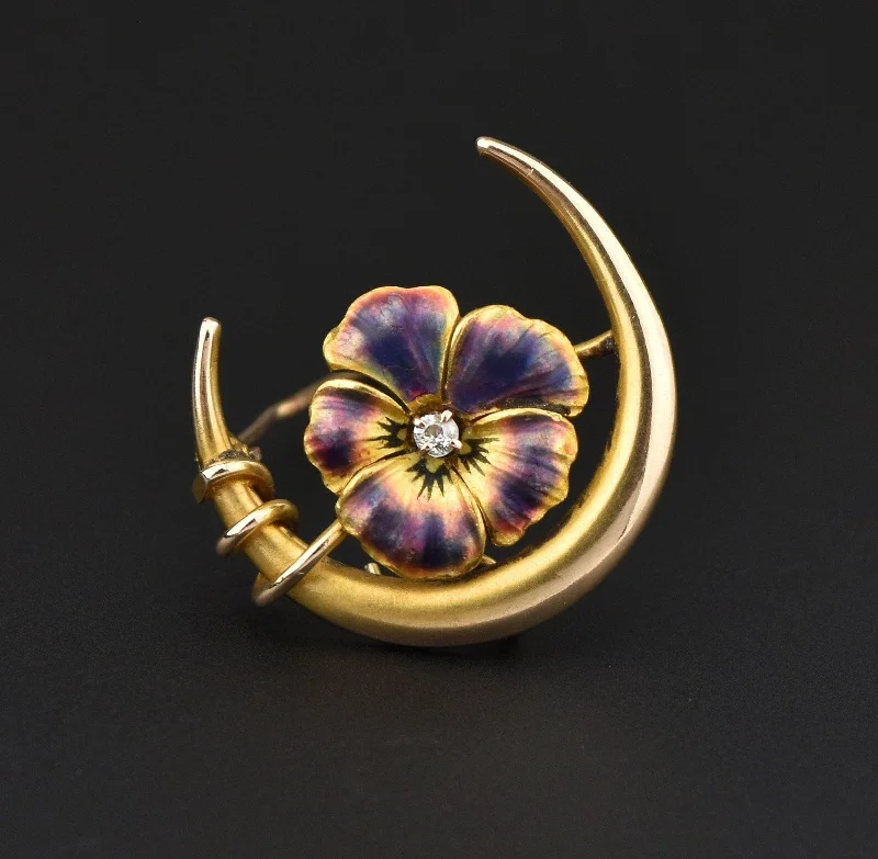 floral rhinestone brooches for women-Art Nouveau 14K Gold Diamond Enamel Pansy Crescent Moon Brooch