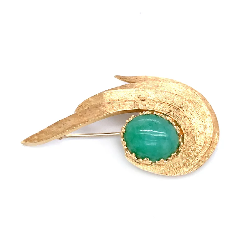 square brooches for women-Yellow Gold & Green Stone Brooch - "Feathered"