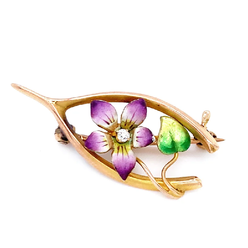 oval brooches for women-Yellow Gold & Diamond Flower Brooch with Enamel - "Wishing Bone"