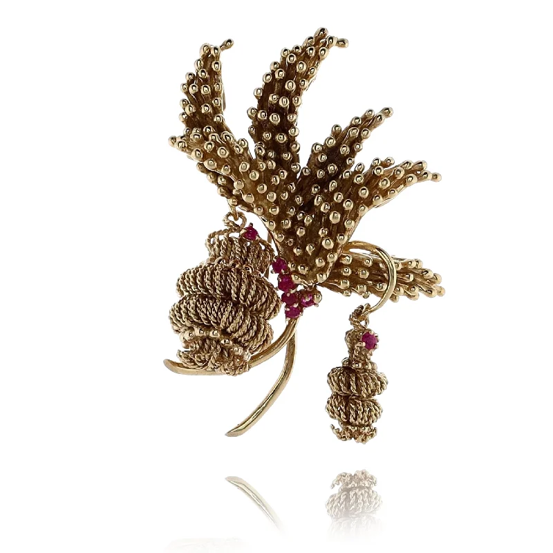 small brooches for women-Estate Tiffany & Co 18 Karat Yellow Gold Beaded Spray Design Brooch with Dangles