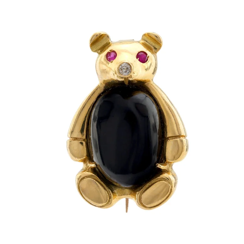 vintage-style brooches for women-Vintage diamond ruby onyx 18k yellow gold Teddy bear brooch