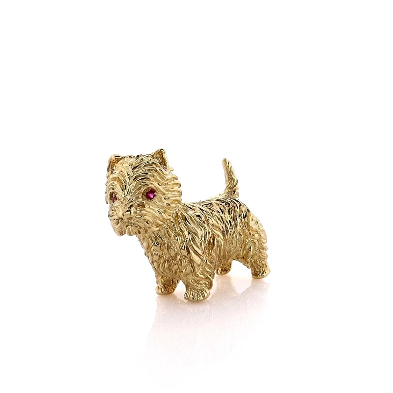 oval brooches for women-Estate 18k Yellow Gold Round Ruby Eyed Scottie Dog Brooch