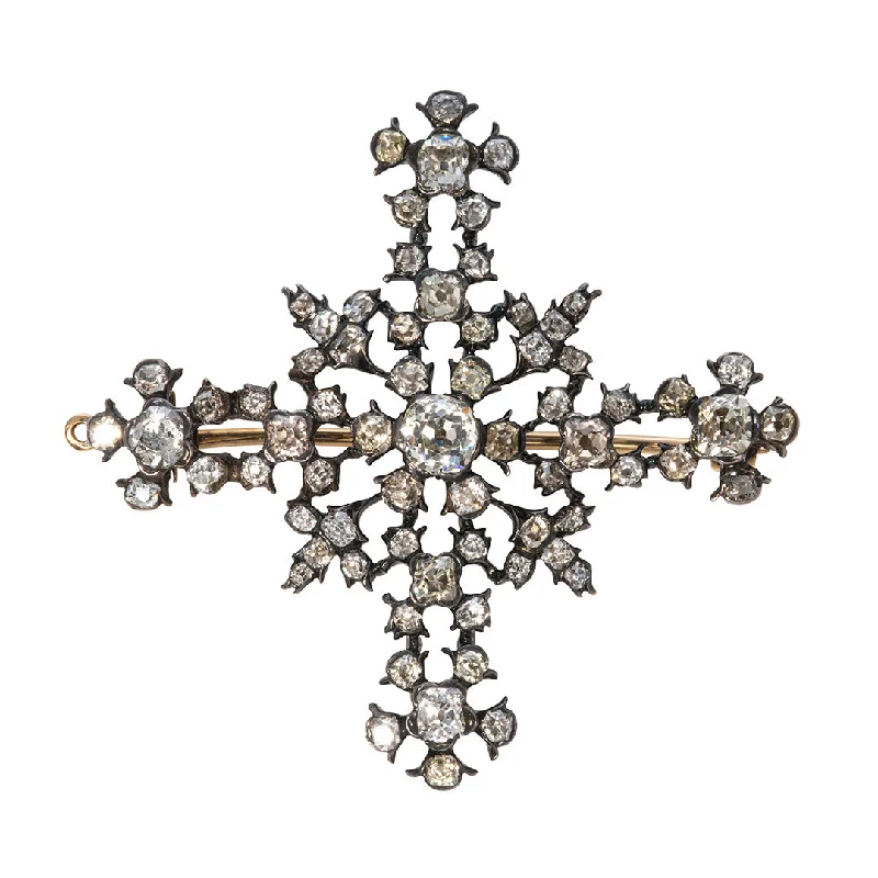 brooches with sapphires for women-Estate 6.56ctw Old Mine Diamond Silver 14K Gold Cross Brooch