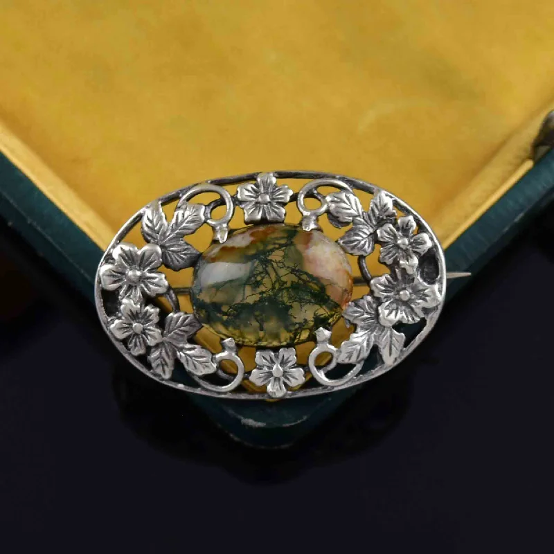 multi-stone brooches for women-Arts and Crafts Silver Forget Me Not Scottish Moss Agate Brooch