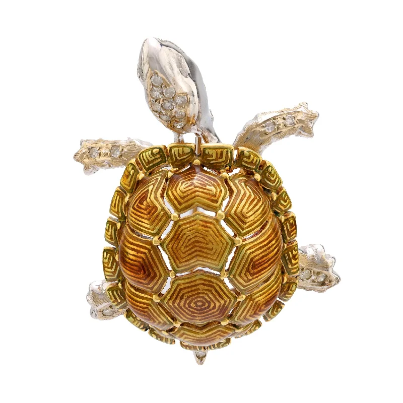 flower brooches for women-Mid Century diamond 18k gold enamel turtle brooch