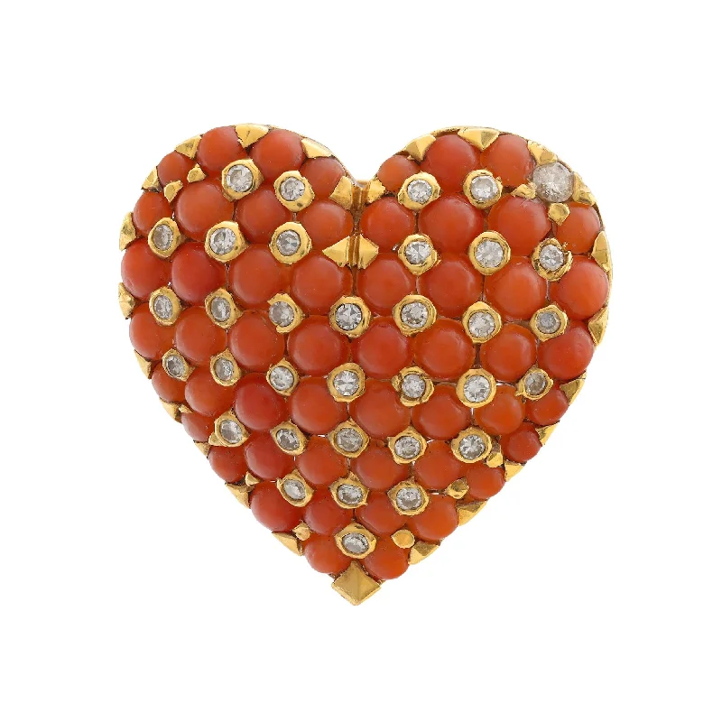 pearl-encrusted brooches for women-Tiffany & Co. French diamond coral 18k yellow gold heart brooch