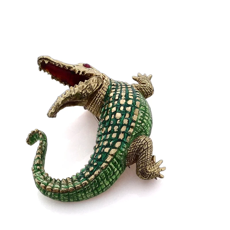 rose gold brooches for women-Estate 18 Karat Yellow Gold Green Enamel Gator Diamond and Ruby Brooch