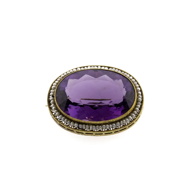 minimalist brooches for women-Victorian Oval Amethyst & Seed Pearl Brooch